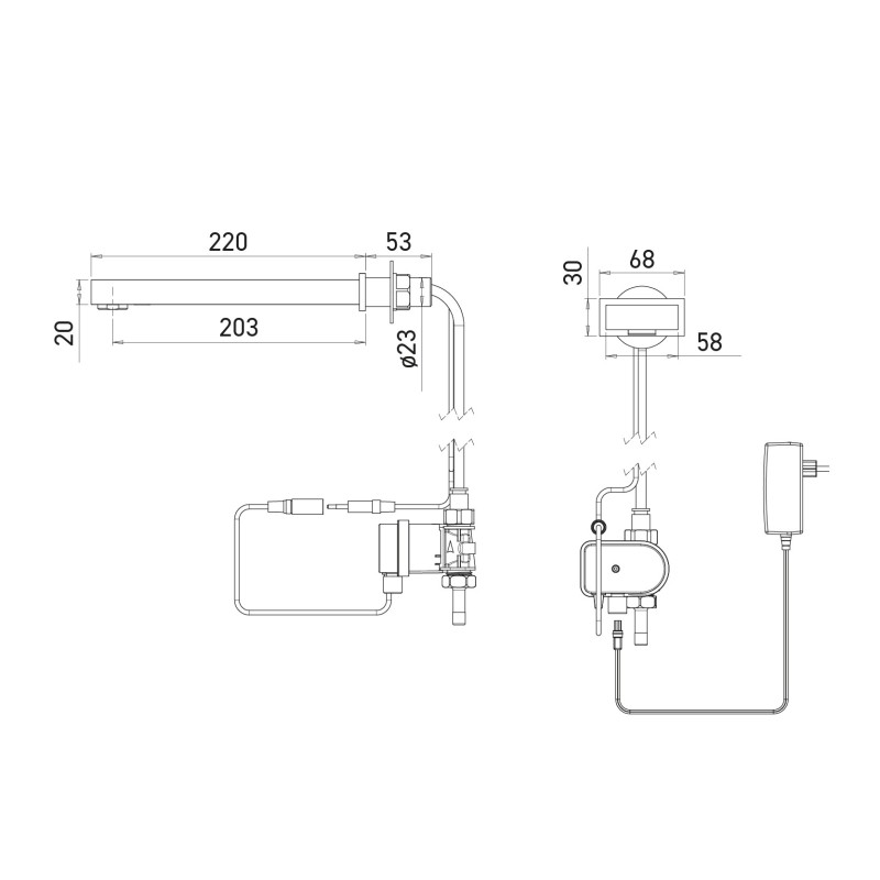 Dimensiones grifo automático KUBIKA fijación transversal en tabique, alimentación por red