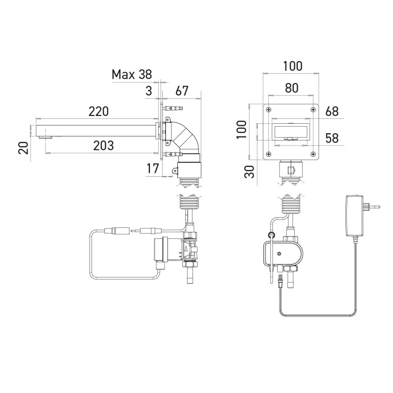 KUBIKA automatic faucet dimensions, wall-mounted installation, mains-powered KUBIKA automatic faucet dimensions, wall-mounted installation, mains-powered