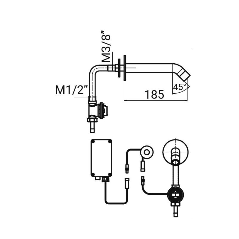 Wall-mounted tap EXTREME WM dimensions on battery beak 185 mm