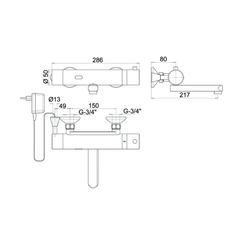 Dimensions of the AKWA 2M contactless wall-mounted thermostatic mixer Dimensions of the AKWA 2M contactless wall-mounted thermostatic mixer