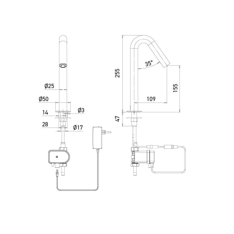 Dimensions robinet automatique ONE sur secteur Dimensions robinet automatique ONE sur secteur