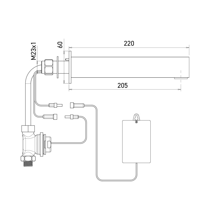 Dimensions of the CARREO automatic wall-mounted faucet, cross-partition mounting, battery-powered