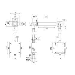 Dimensions of CARREO automatic wall-mounted tap, recessed mounting, battery-powered
