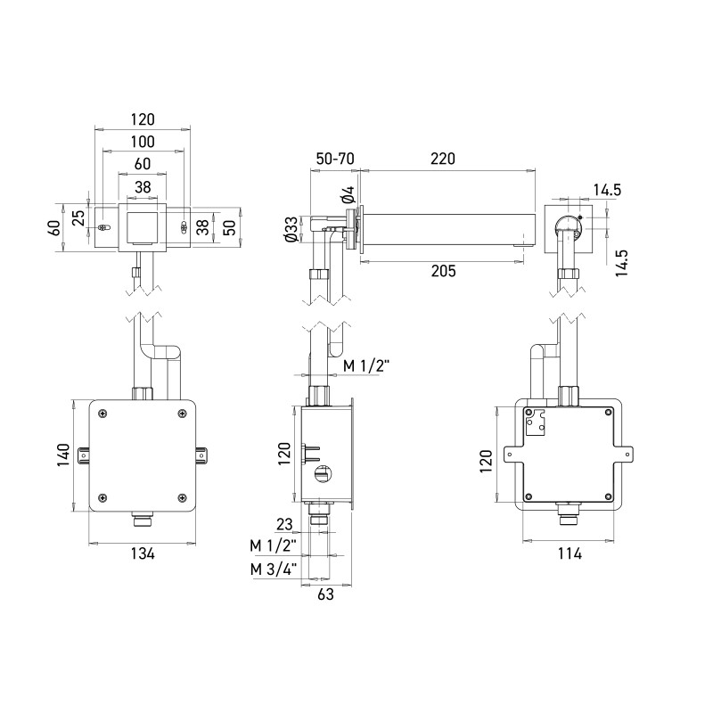 Dimensions of CARREO automatic wall-mounted tap, recessed mounting, battery-powered