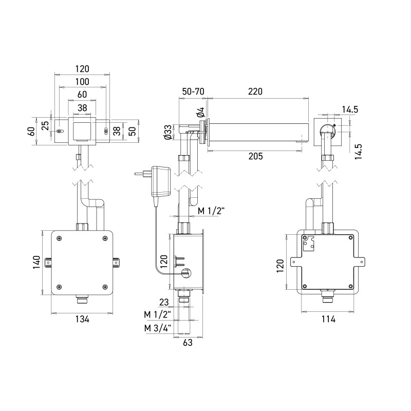 Dimensions of the CARREO automatic wall-mounted faucet, recessed mounting, mains-powered Dimensions of the CARREO automatic wall-mounted faucet, recessed mounting, mains-powered