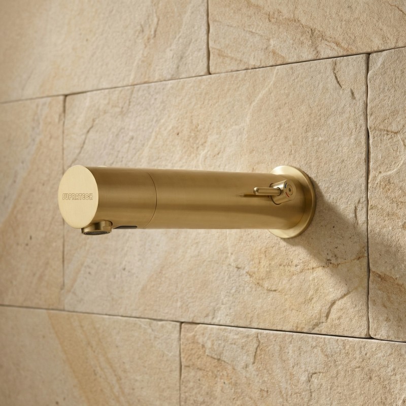 Elegant wall-mounted touchless mixer tap, AKWATIC, matte gold PVD finish