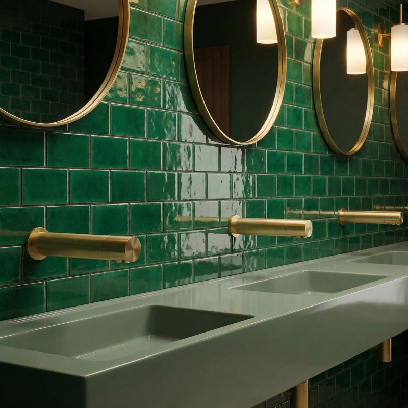 AKWATIC wall-mounted electronic mixer tap, matte gold PVD finish (brushed brass look), for public facilities.