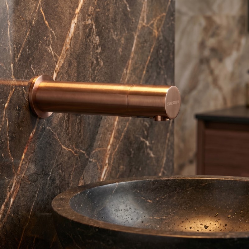 AKWATIC wall-mounted mixer tap with refined aesthetics, in PVD Copper finish and touchless operation