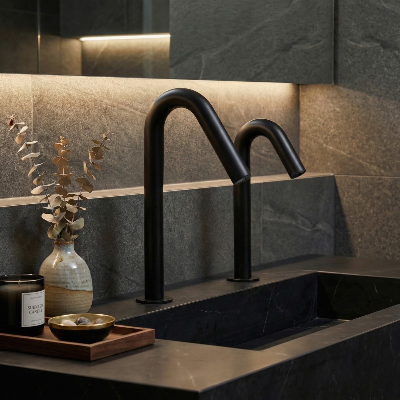Distributeur de savon design noir mat sur plan ONE avec robinet à détection infrarouge Distributeur de savon design noir mat sur plan ONE avec robinet à détection infrarouge