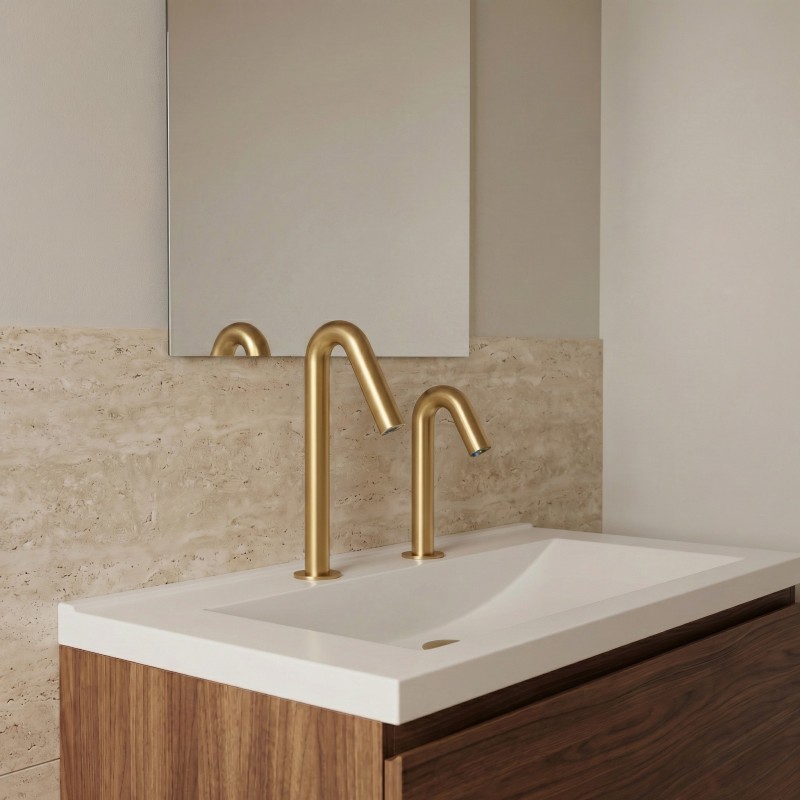 ONE Touchless Soap Dispenser on Countertop with Matching PVD Matte Gold Faucet