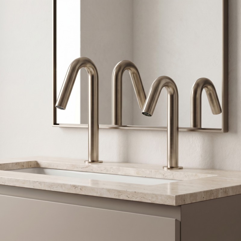 Distributeur automatique de savon et robinet ONE finition PVD Nickel brossé