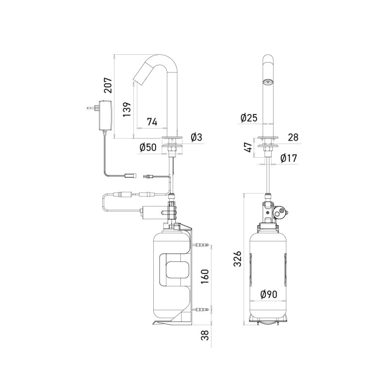 Dimensions distributeur automatique de savon ONE sur secteur