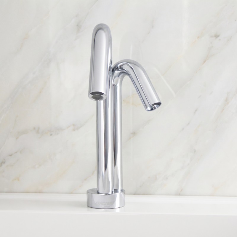 Touchless soap and water faucet ONE 2in1 with the advantage of a single mounting hole Touchless soap and water faucet ONE 2in1 with the advantage of a single mounting hole