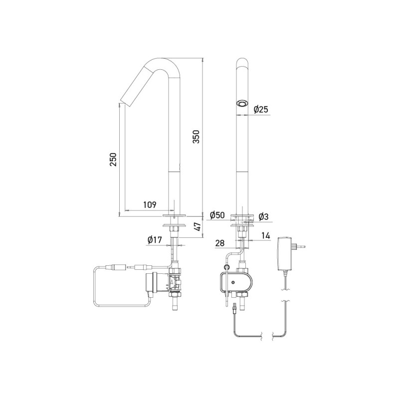 Dimensions of the automatic ONE faucet for countertop basin, mains powered