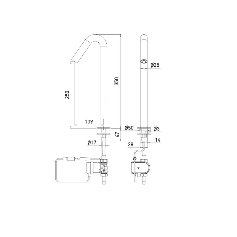 Dimensions robinet automatique ONE pour vasque à poser, sur pile Dimensions robinet automatique ONE pour vasque à poser, sur pile