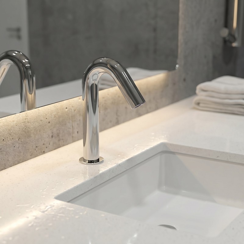 Sleek compact touchless faucet ONE MINI with discreet sensor at spout tip Sleek compact touchless faucet ONE MINI with discreet sensor at spout tip