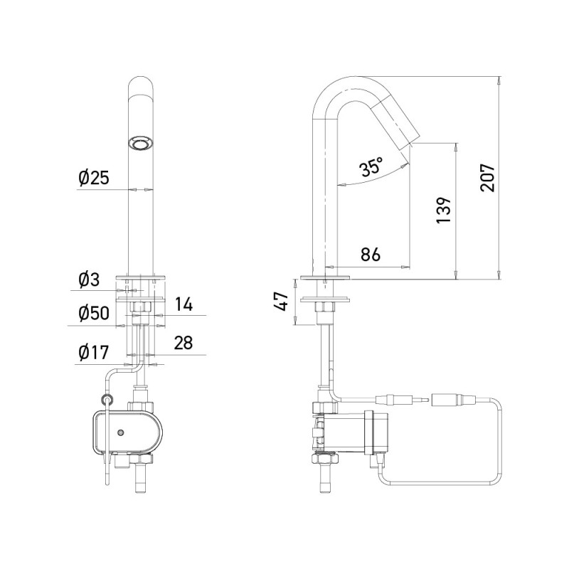 Dimensiones del grifo automático ONE MINI con pila