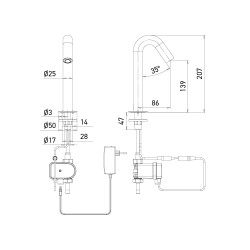 Dimensiones del grifo automático ONE MINI alimentado por corriente