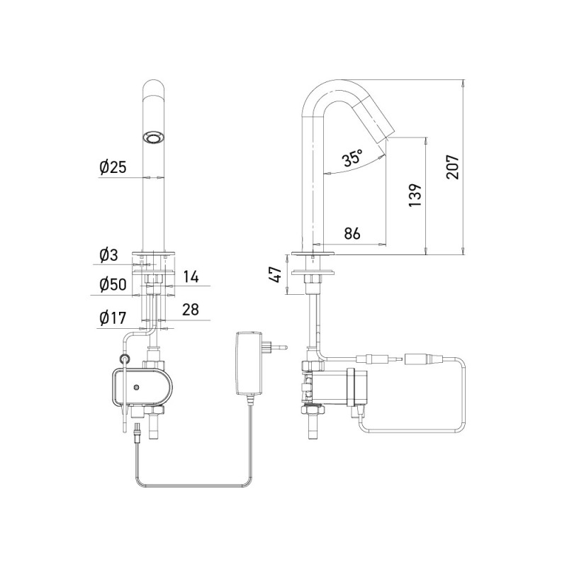 Dimensiones del grifo automático ONE MINI alimentado por corriente