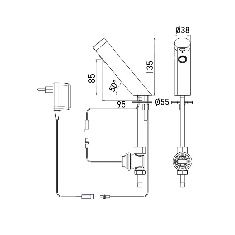 Dimensions for the automatic TOUCH FREE battery-powered faucet