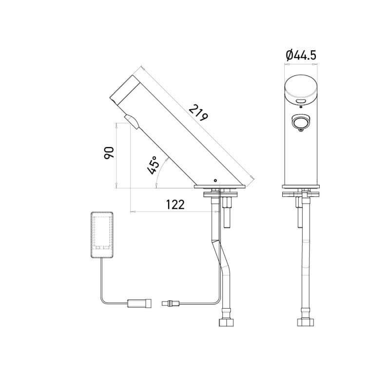 Dimensions of the AKWA automatic faucet with external battery