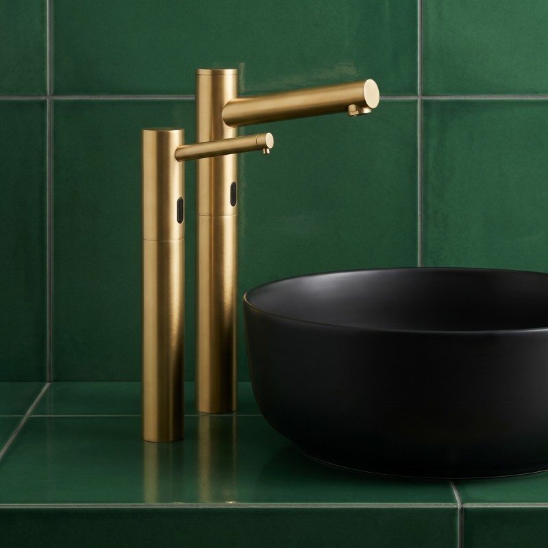 ELITE contactless water and soap faucetry with matte gold PVD finish, high spouts for countertop basins ELITE contactless water and soap faucetry with matte gold PVD finish, high spouts for countertop basins