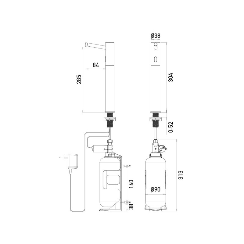 Dimensions distributeur sans contact de savon ELITE version bec haut, sur secteur
