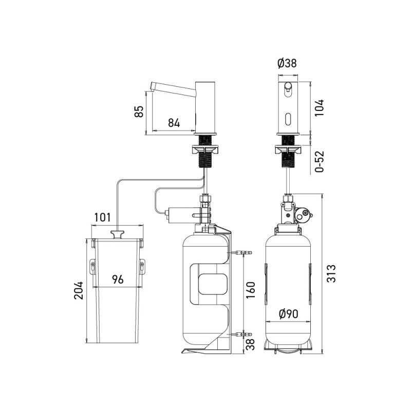 Dimensions distributeur automatique de savon ELITE, sur piles