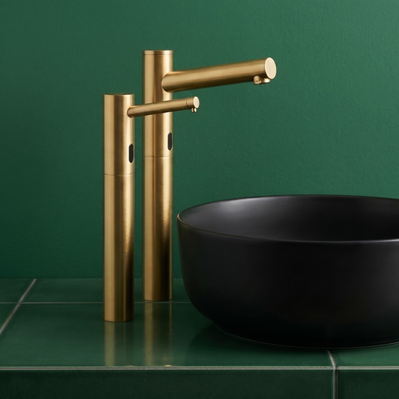 ELITE electronic faucet with tall, extended spout, matte gold PVD finish and matching designer soap dispenser ELITE electronic faucet with tall, extended spout, matte gold PVD finish and matching designer soap dispenser