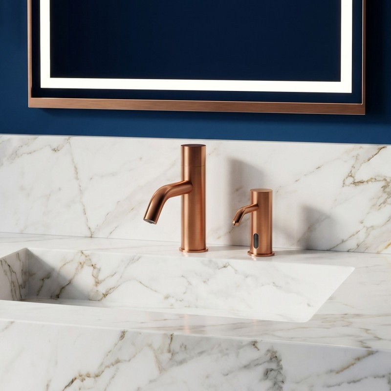 Contemporary EXTREME DS faucet with infrared detection and matching designer soap dispenser