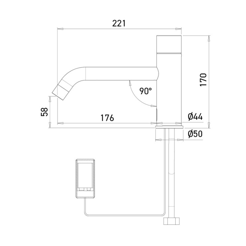 Dimensions of the EXTREME automatic faucet with long spout, battery-powered Dimensions of the EXTREME automatic faucet with long spout, battery-powered