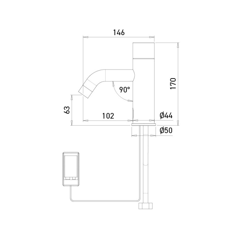 Dimensions of the EXTREME automatic faucet, battery-operated