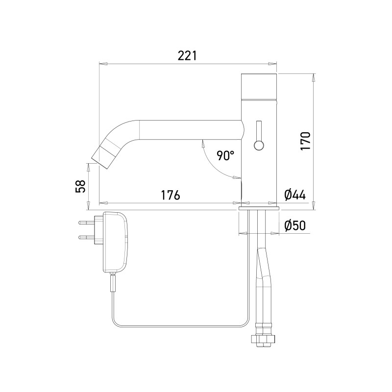 Dimensions of the automatic mixer tap EXTREME with long spout, mains-powered Dimensions of the automatic mixer tap EXTREME with long spout, mains-powered