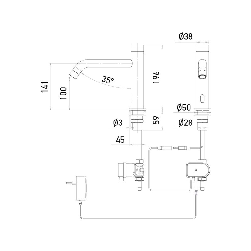 Dimensions of the EXTREME L automatic faucet powered by electricity Dimensions of the EXTREME L automatic faucet powered by electricity