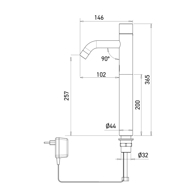 Dimensions of the raised EXTREME electronic faucet with power supply