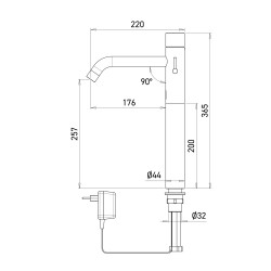 Dimensions of the EXTREME elevated electronic mixer with long spout, mains powered