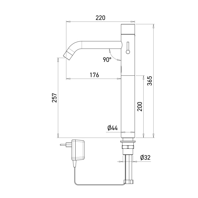 Dimensions of the EXTREME elevated electronic mixer with long spout, mains powered