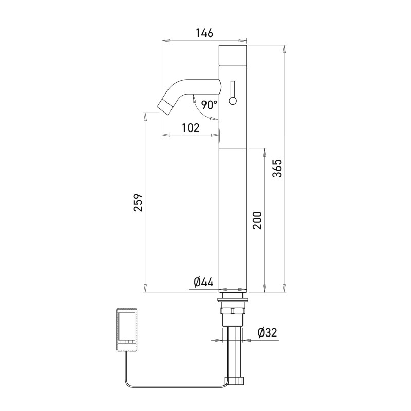 Dimensions of the raised EXTREME electronic mixer tap on battery