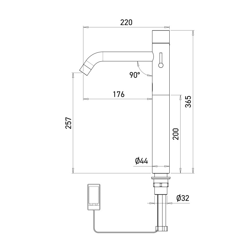 Dimensions of the raised EXTREME electronic mixer faucet on battery, with long spout