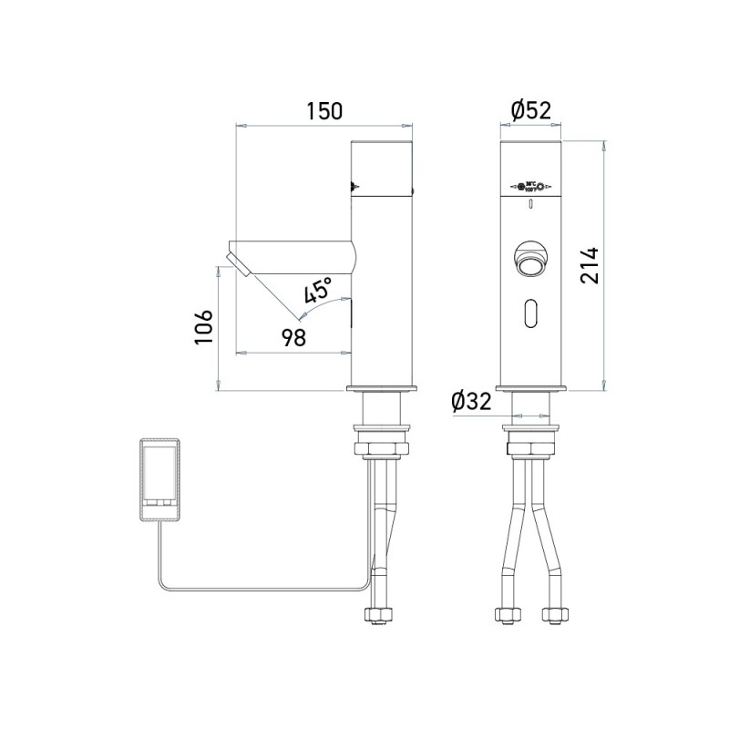 Dimensions of the thermostatic sensor mixer tap AKWATHERMO, battery-powered