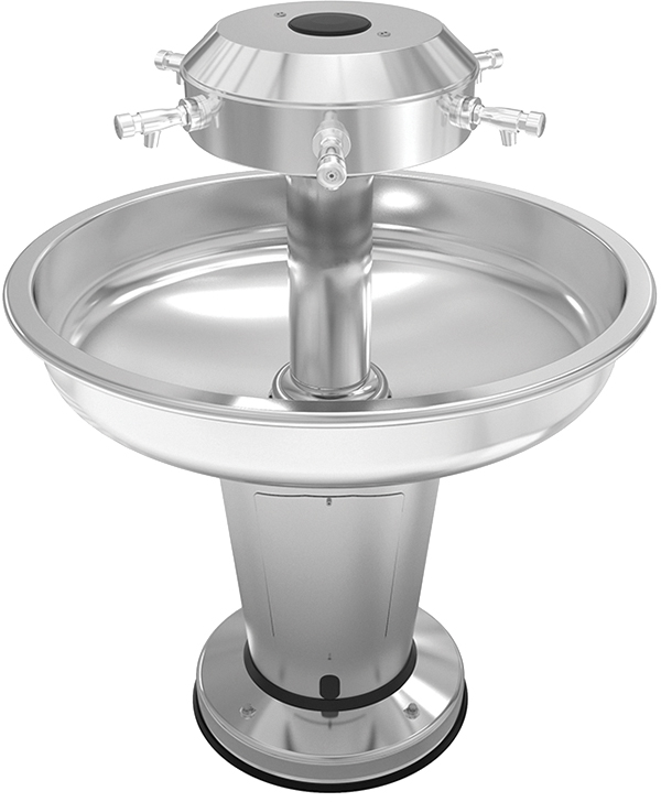 Free-standing stainless steel circular communal washbasin with 6 timed faucets and a Ø 995 mm basin Lavabo fontaine circulaire inox 6 robinets poussoirs vasque Ø 995 mm