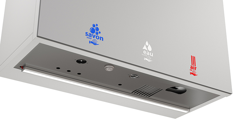 Armoire miroir FLO multifonction avec distributeur de savon, robinet et sèche-mains sans contact et option bandeau led pour éclairage lavabo