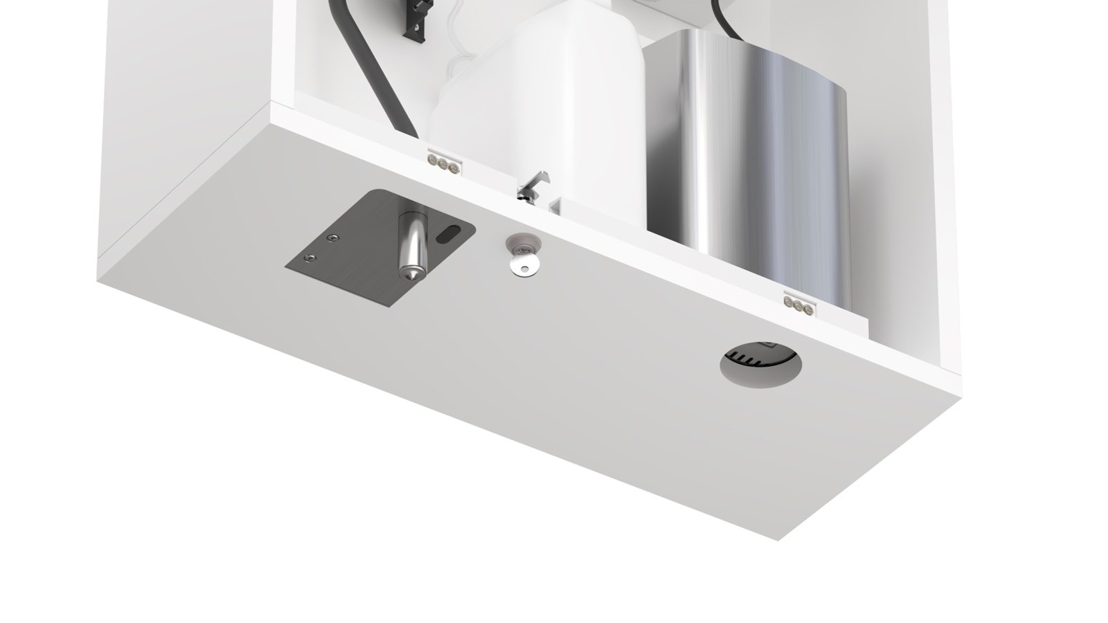 automatic soap dispenser behind mirror