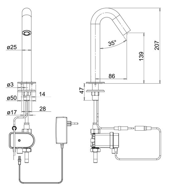 Dimensions robinet ONE MINI sans contact