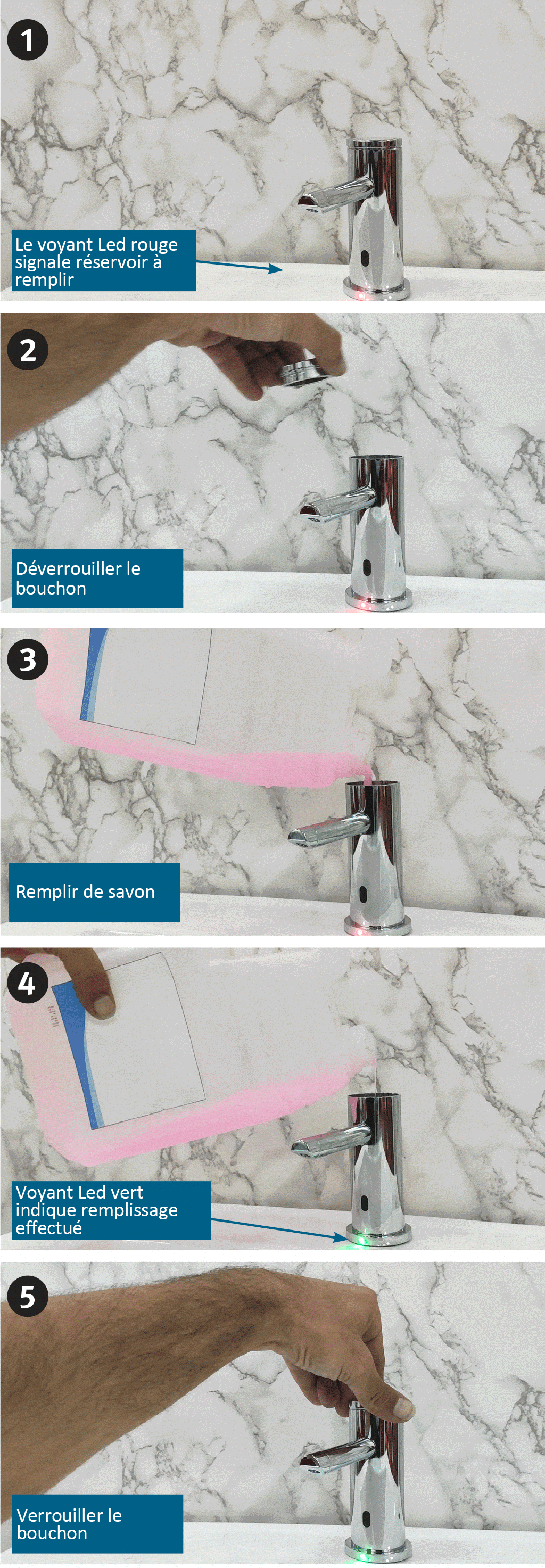 Distributeur automatique de savon TRIMEO sur plan remplissage par le haut