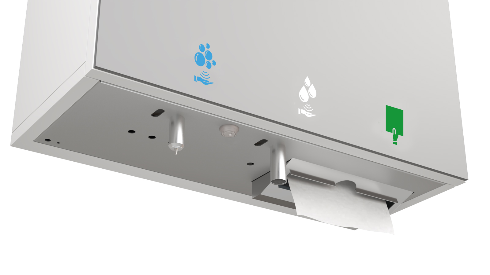 HYFLO multifunction mirror module with paper towel dispenser behind the mirror