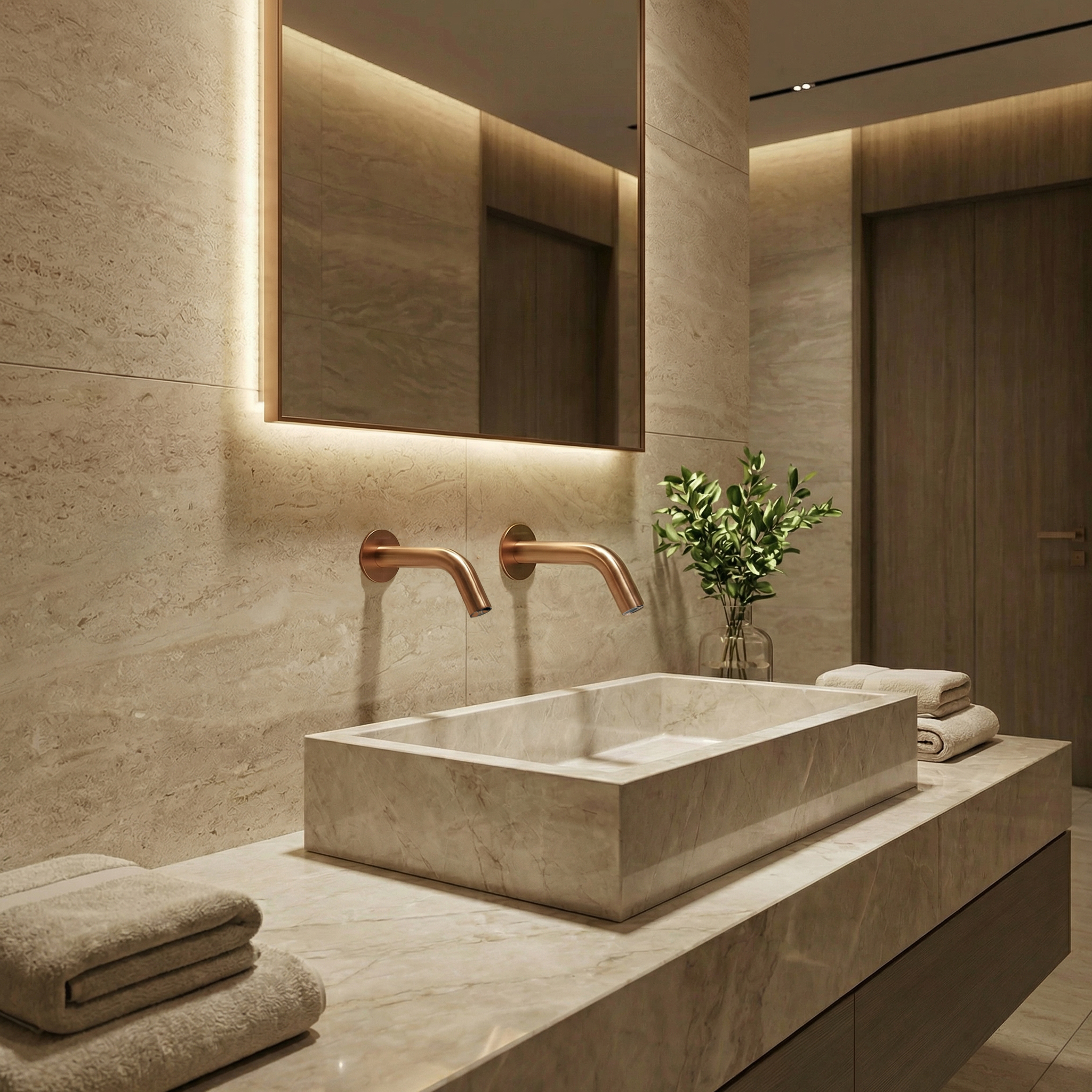 Grifo de diseño mural EXTREME WS sin contacto con dispensador de jabón, acabado PVD Cobre