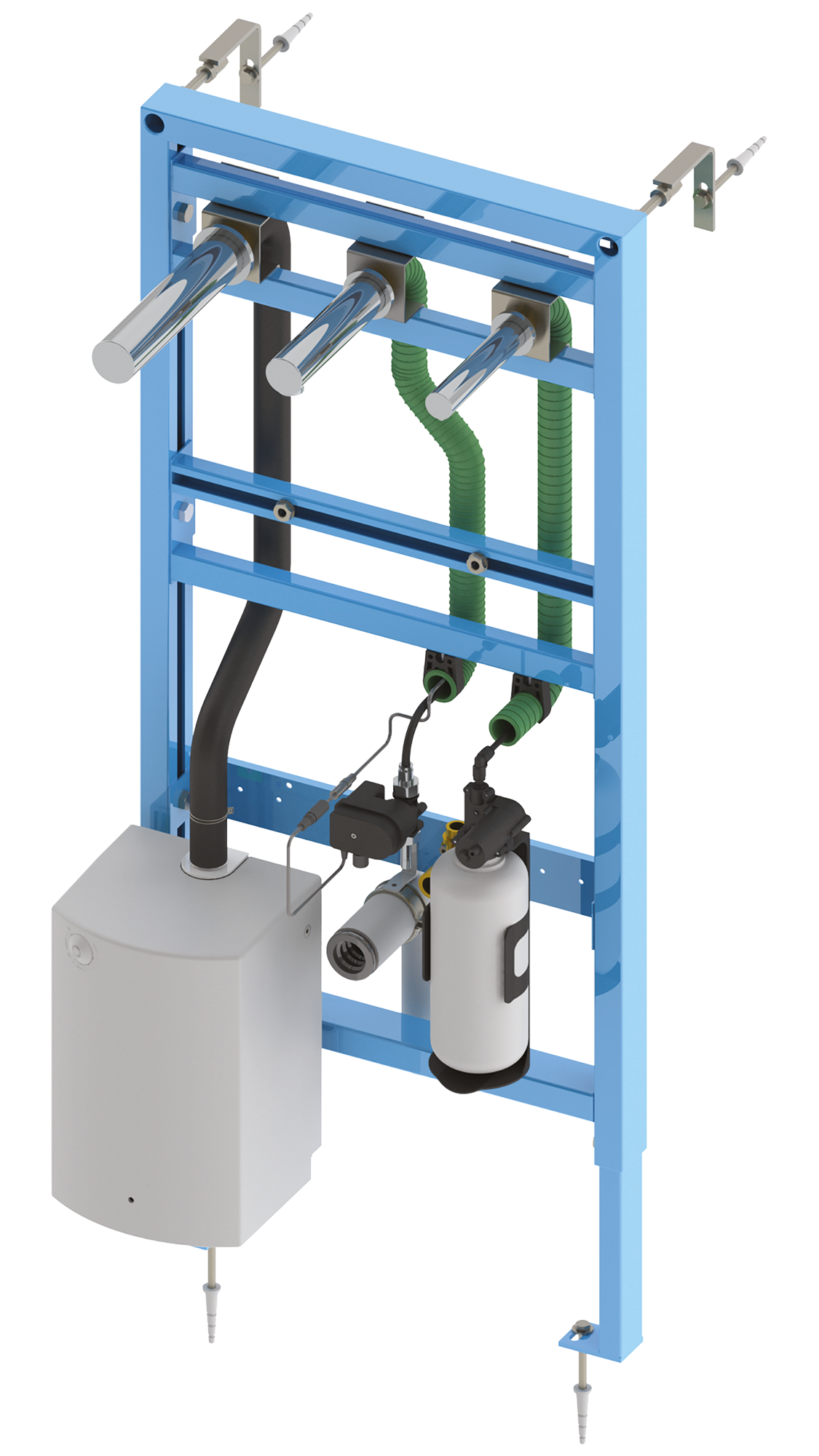 Washbasin support frame with integrated automatic tap, automatic soap dispenser, and RONDEO hand dryer