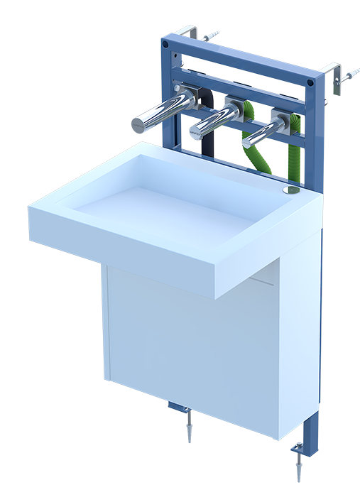 Bati-support lavabo avec robinet automatique, sèche-mains et distributeur de savon intégrés