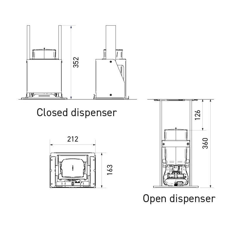 Dimensions of 1L vertical soap dispenser behind mirror with contactless operation Dimensions of 1L vertical soap dispenser behind mirror with contactless operation